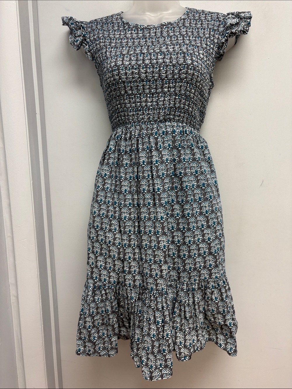 Le Bazar Coastal Smocked Midi Dress Gray & Teal Block Print Cotton Dress